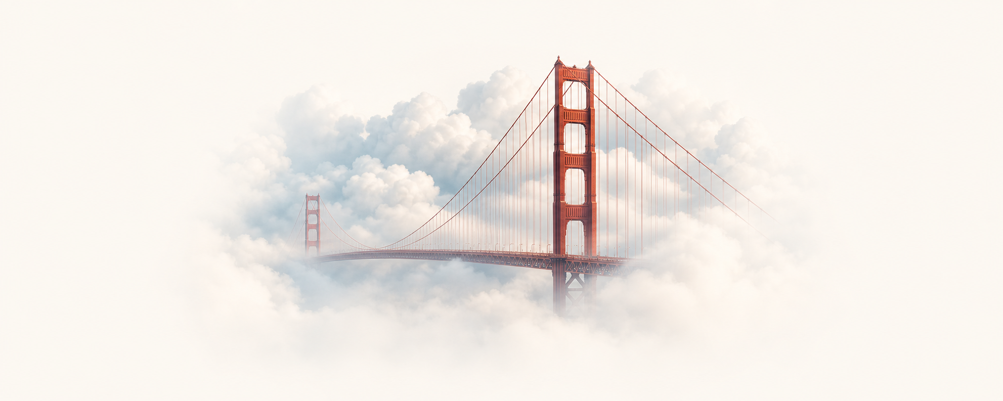 An atmospheric illustration of the Golden Gate Bridge emerging through clouds